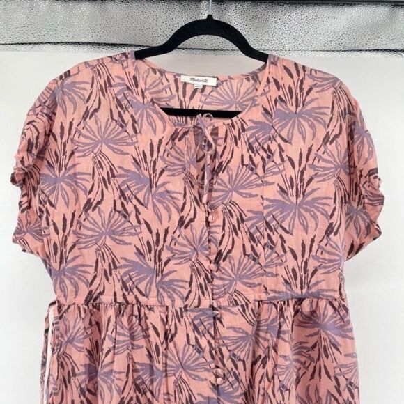 Madewell Womens Small Pink Oasis Palms Floral Tiered Button Dress Cotton Lyocell - Picture 3 of 12